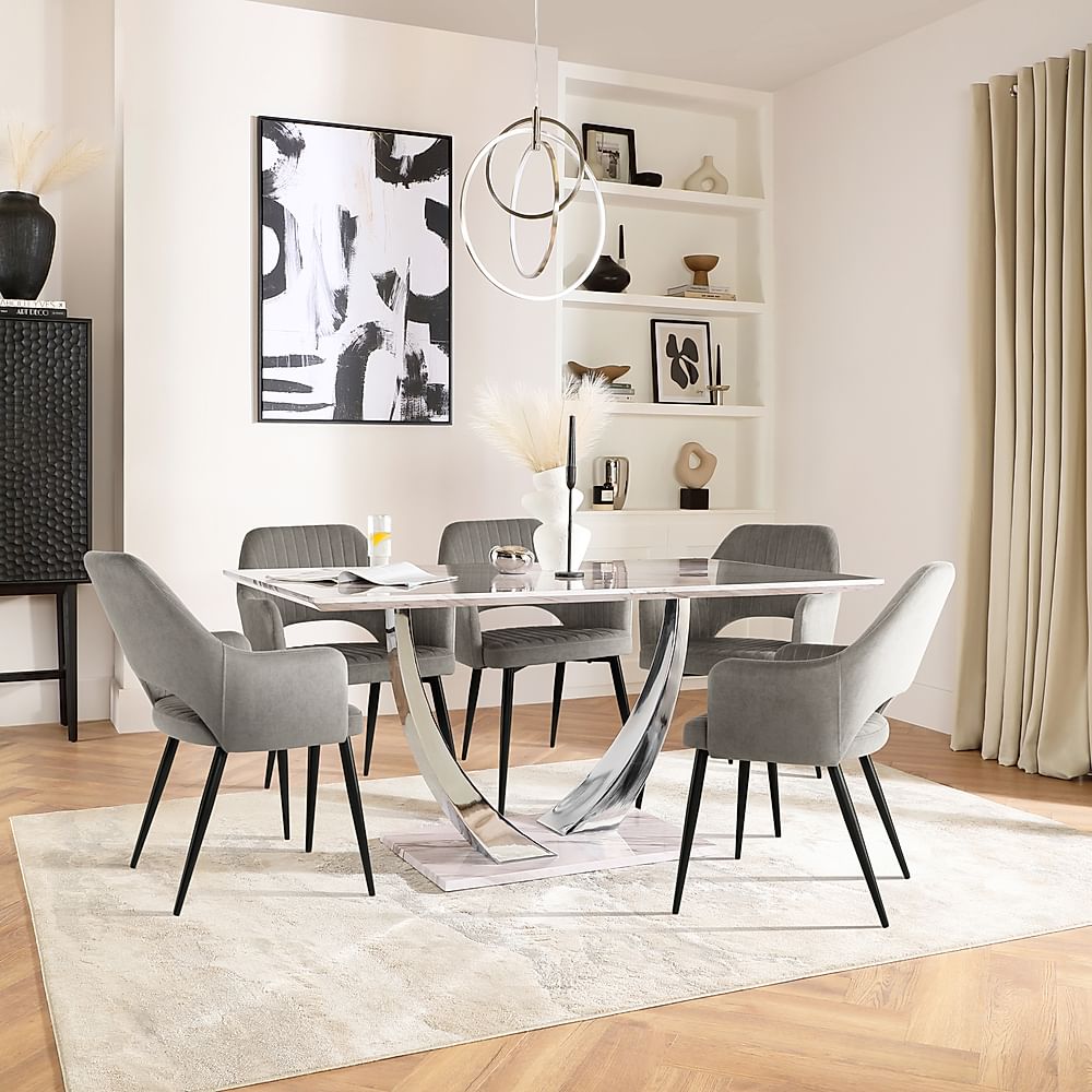 Peake Dining Table & 4 Clara Chairs, Grey Marble Effect & Chrome, Grey Classic Velvet & Black Steel, 160cm