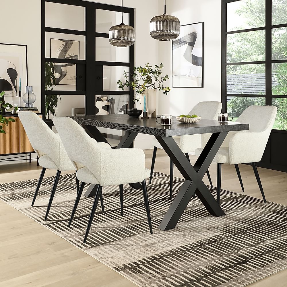 Franklin Dining Table & 4 Clara Chairs, Black Oak Effect & Black Steel, Ivory Classic Boucle Fabric, 150cm