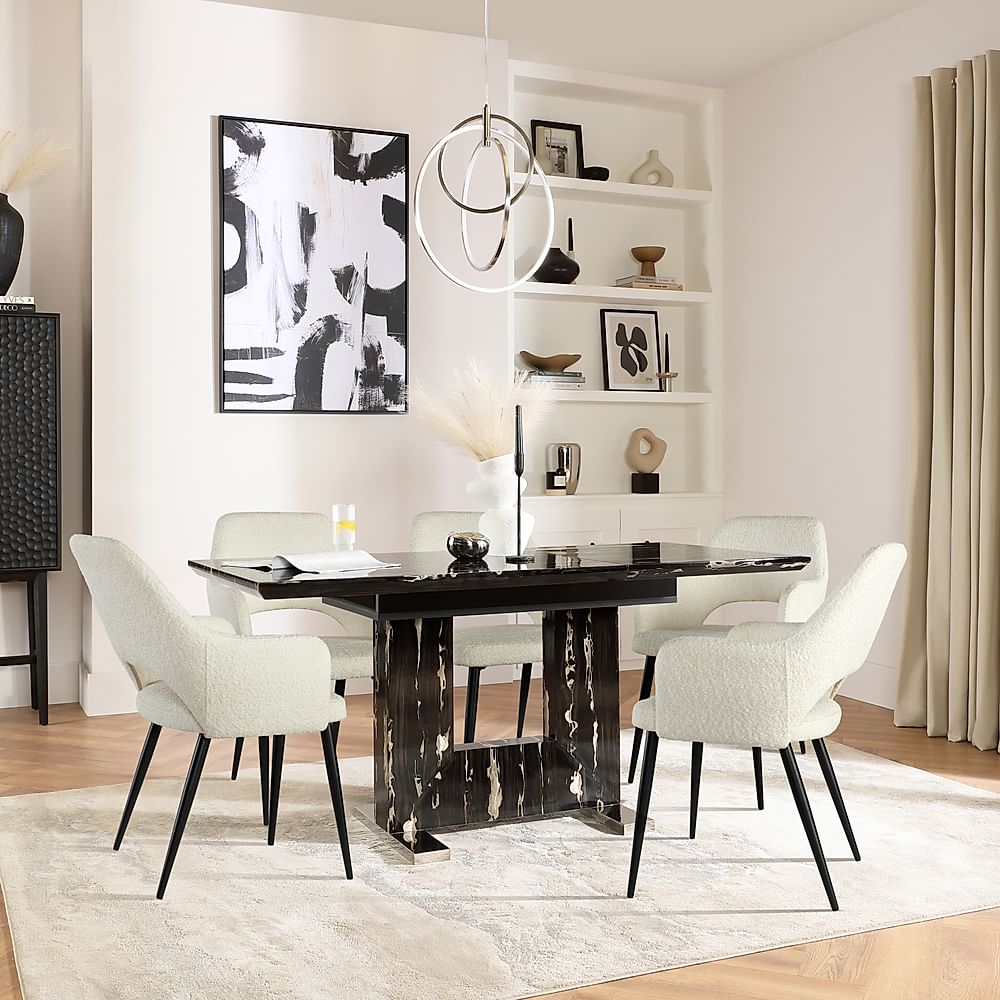 Florence Extending Dining Table & 6 Clara Chairs, Black Marble Effect, Ivory Classic Boucle Fabric & Black Steel, 120-160cm