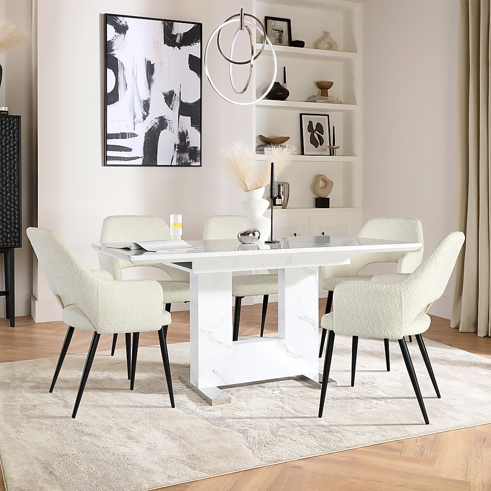 Florence Extending Dining Table & 4 Clara Chairs, White Marble Effect, Ivory Classic Boucle Fabric & Black Steel, 120-160cm