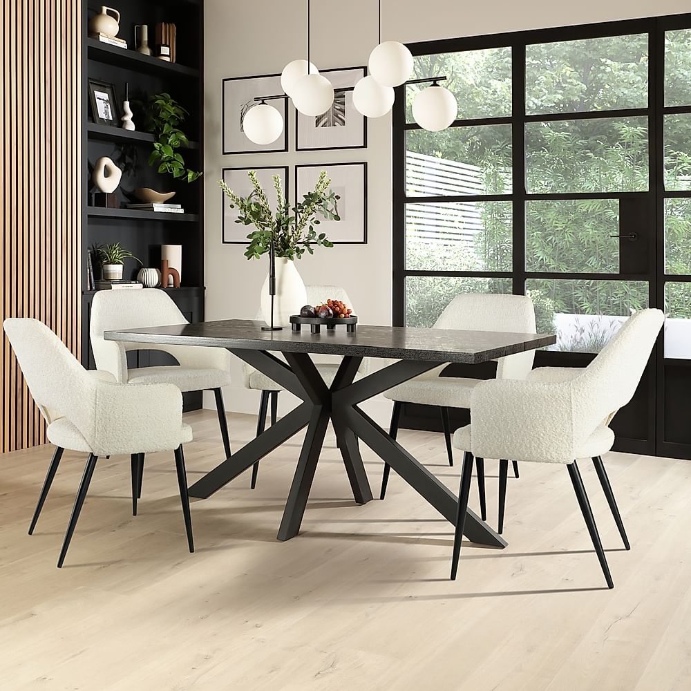 Madison Dining Table & 4 Clara Chairs, Black Oak Effect & Black Steel, Ivory Classic Boucle Fabric, 160cm