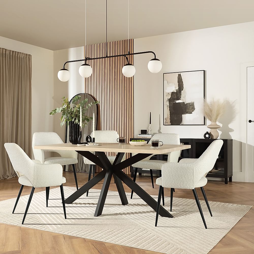 Madison Dining Table & 4 Clara Chairs, Light Oak Effect & Black Steel, Ivory Classic Boucle Fabric, 160cm