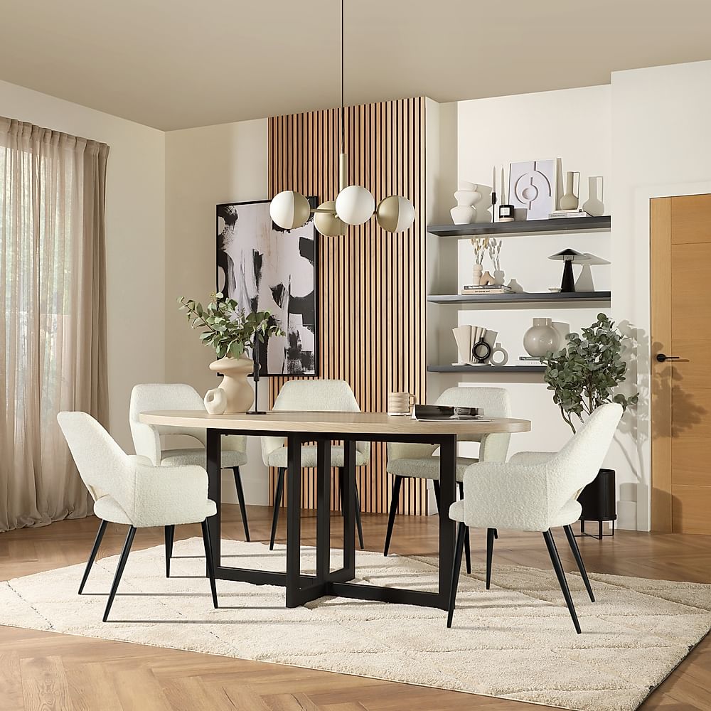 Newbury Oval Dining Table & 4 Clara Chairs, Light Oak Effect & Black Steel, Ivory Classic Boucle Fabric, 180cm