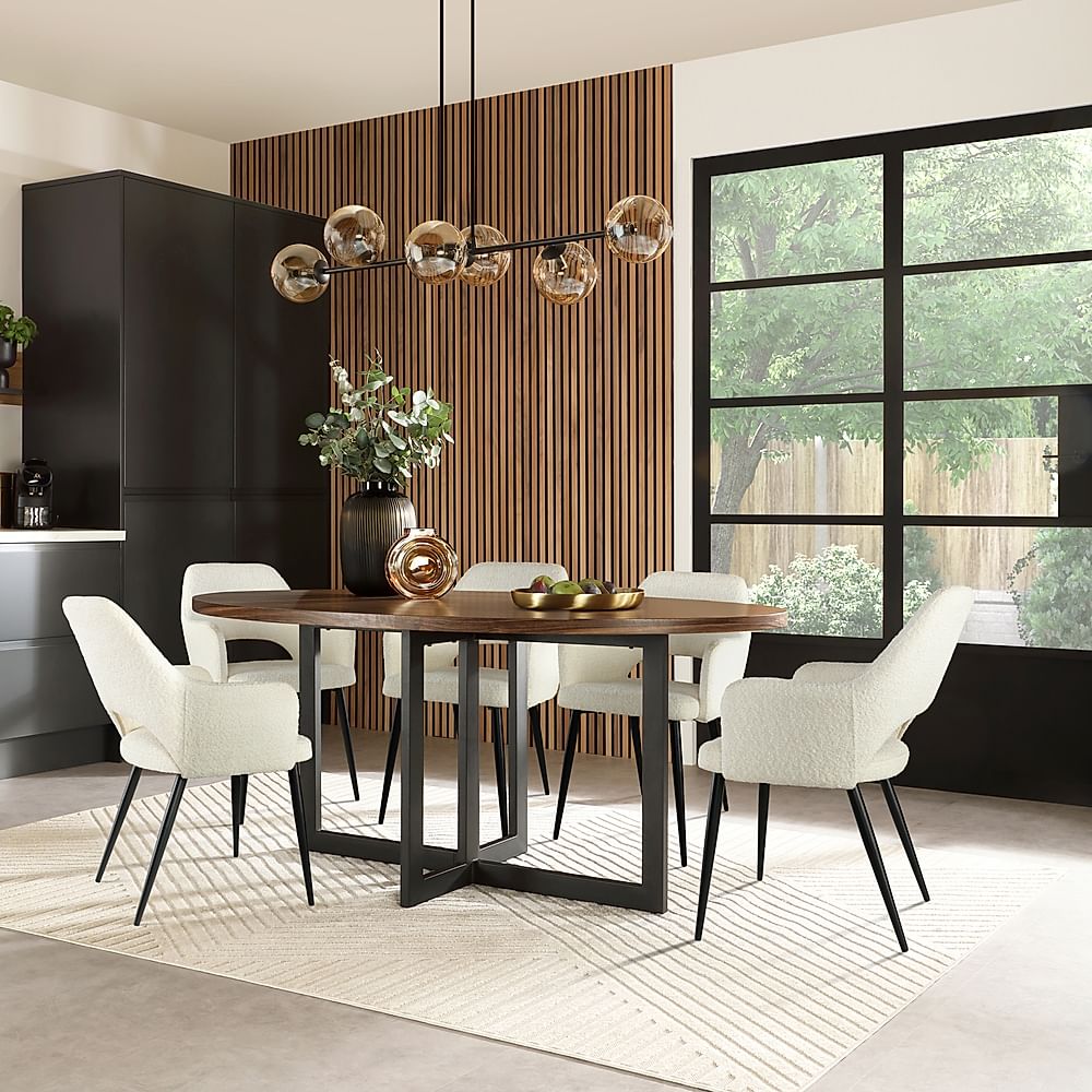 Newbury Oval Industrial Dining Table & 6 Clara Chairs, Walnut Effect & Black Steel, Ivory Classic Boucle Fabric, 180cm