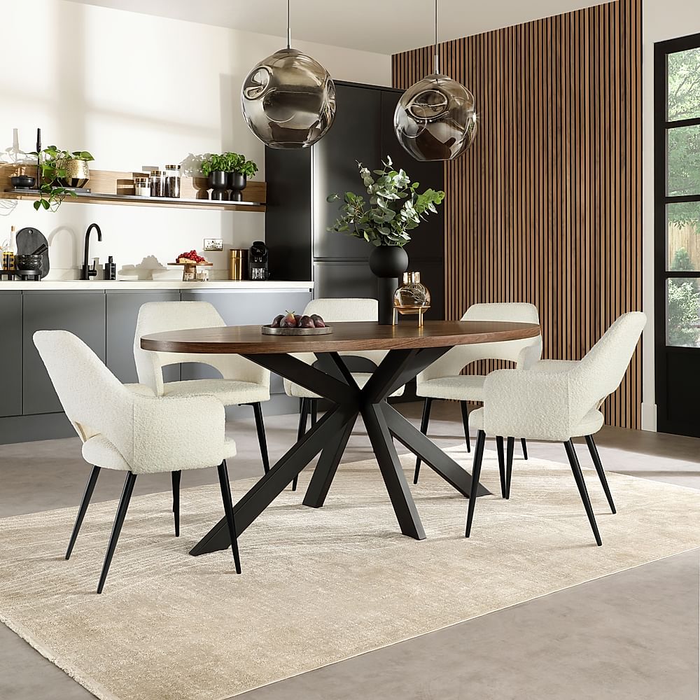 Madison Oval Industrial Dining Table & 4 Clara Chairs, Walnut Effect & Black Steel, Ivory Classic Boucle Fabric, 180cm