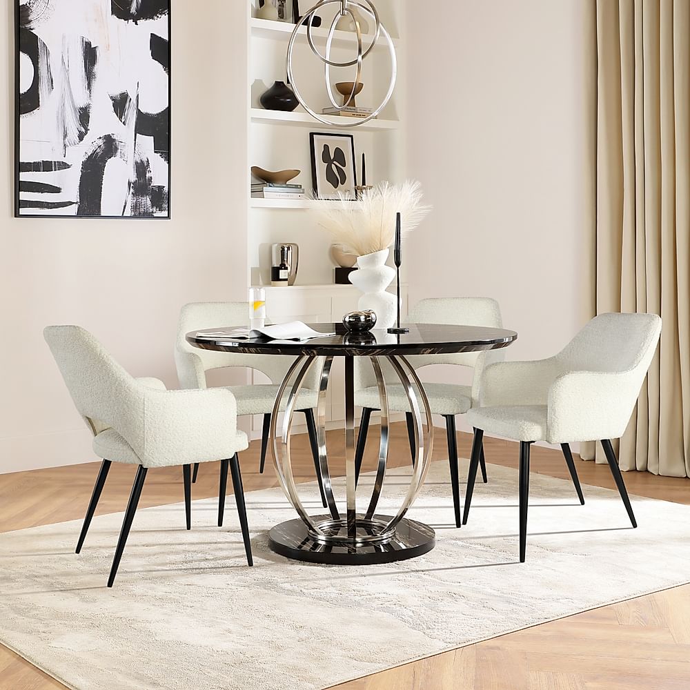 Savoy Round Dining Table & 4 Clara Chairs, Black Marble Effect & Chrome, Ivory Classic Boucle Fabric & Black Steel, 120cm