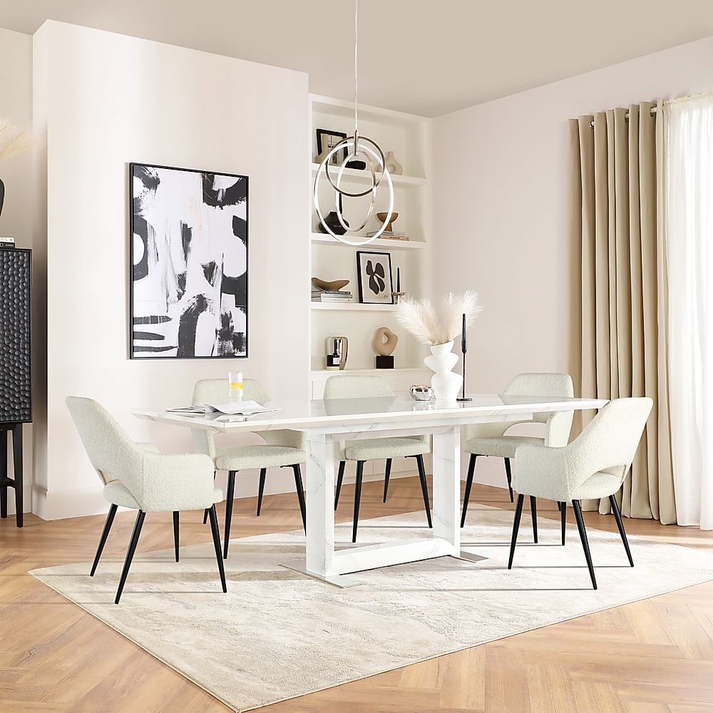 Tokyo Extending Dining Table & 4 Clara Chairs, White Marble Effect, Ivory Classic Boucle Fabric & Black Steel, 160-220cm