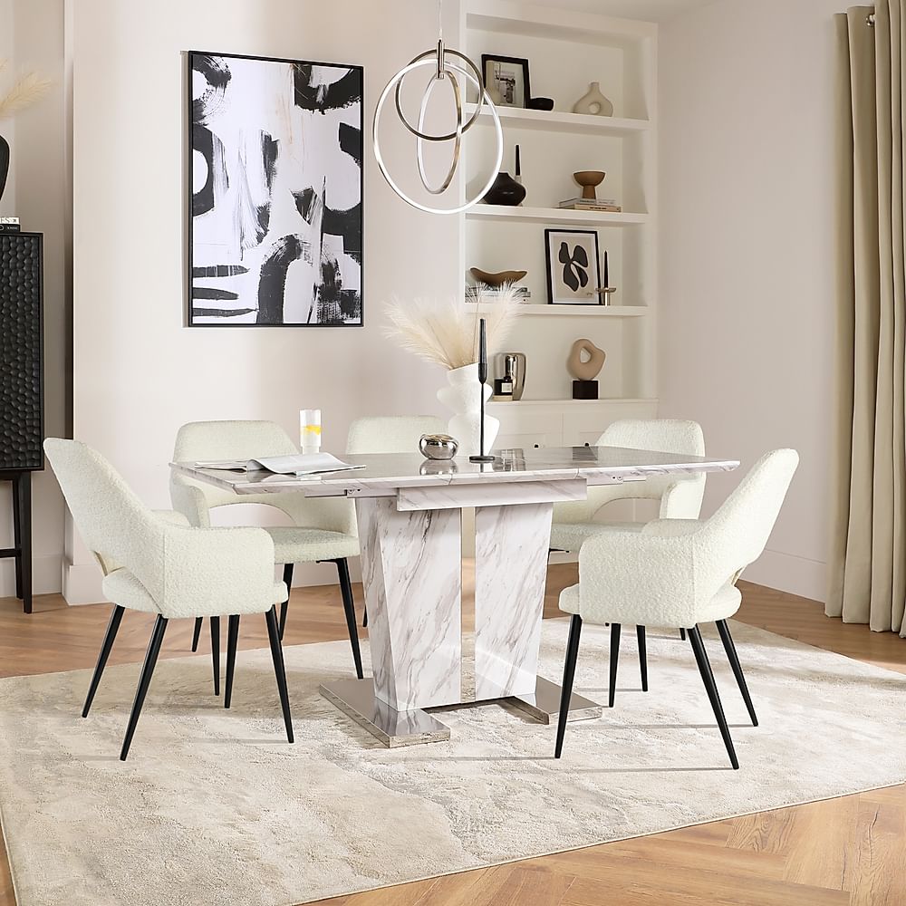 Vienna Extending Dining Table & 4 Clara Chairs, Grey Marble Effect, Ivory Classic Boucle Fabric & Black Steel, 120-160cm
