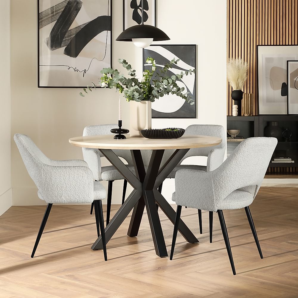 Newark Round Dining Table & 4 Clara Chairs, Light Oak Effect & Black Steel, Light Grey Classic Boucle Fabric, 110cm