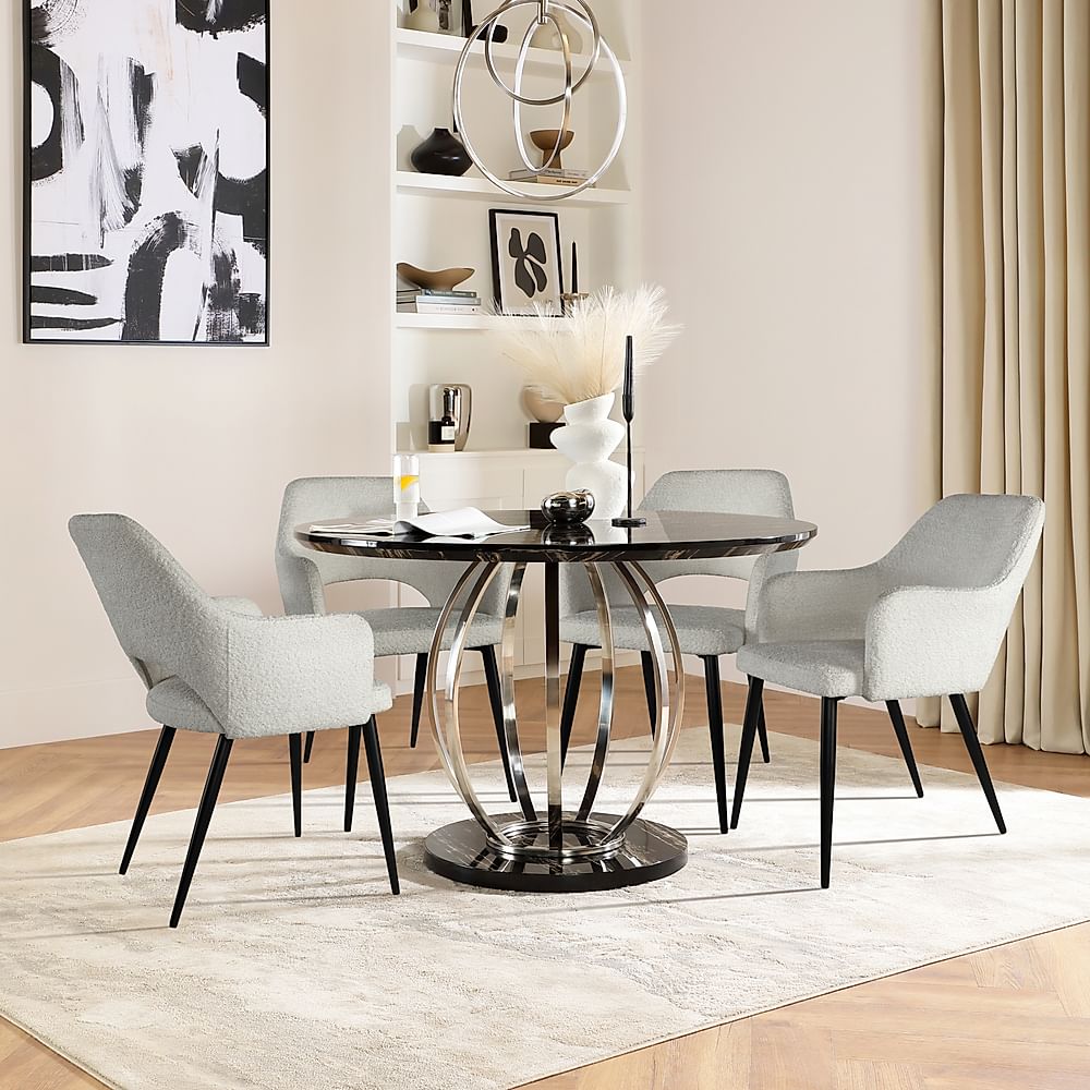 Savoy Round Dining Table & 4 Clara Chairs, Black Marble Effect & Chrome, Light Grey Classic Boucle Fabric & Black Steel, 120cm
