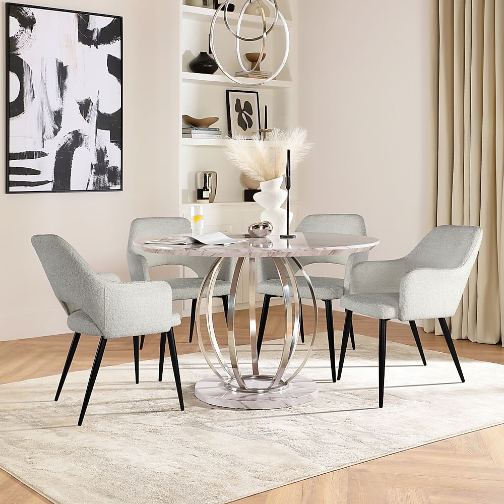 Savoy Round Dining Table & 4 Clara Chairs, Grey Marble Effect & Chrome, Light Grey Classic Boucle Fabric & Black Steel, 120cm
