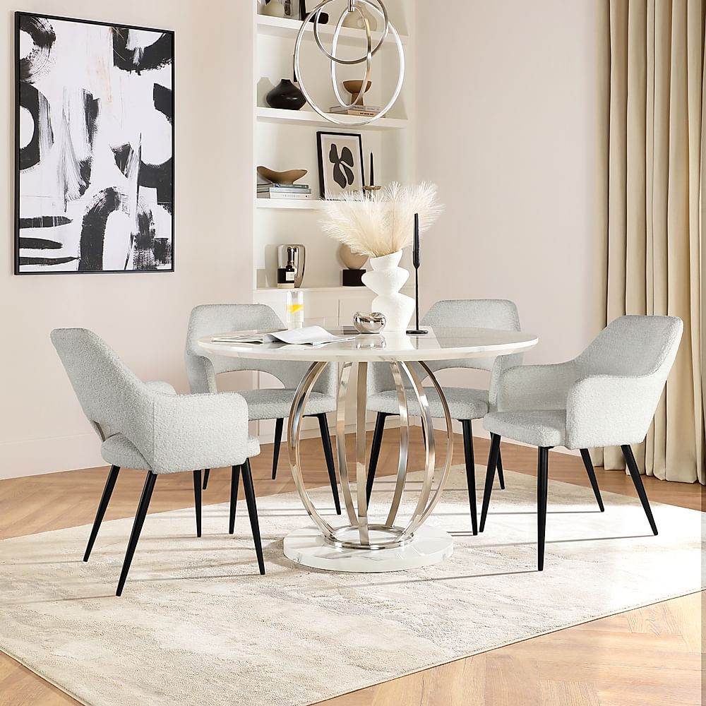 Savoy Round Dining Table & 4 Clara Chairs, White Marble Effect & Chrome, Light Grey Classic Boucle Fabric & Black Steel, 120cm