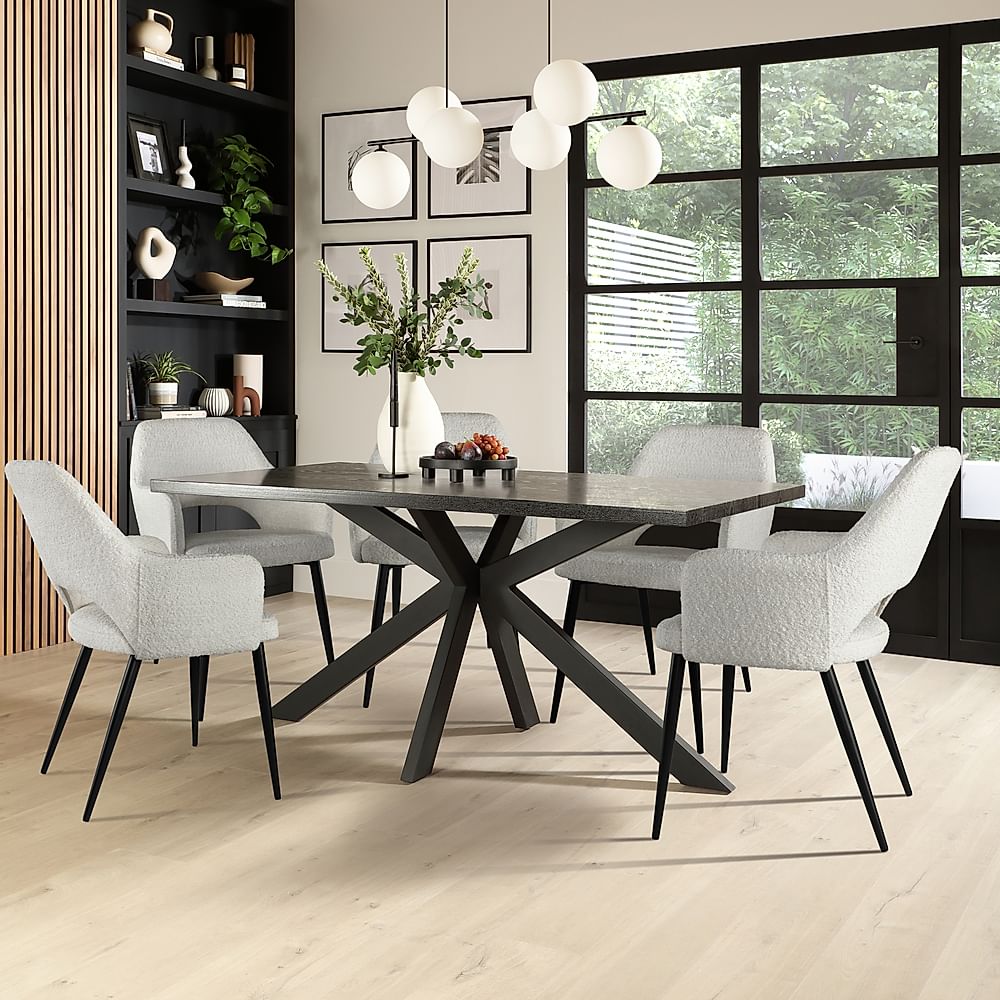 Madison Dining Table & 6 Clara Chairs, Black Oak Effect & Black Steel, Light Grey Classic Boucle Fabric, 160cm