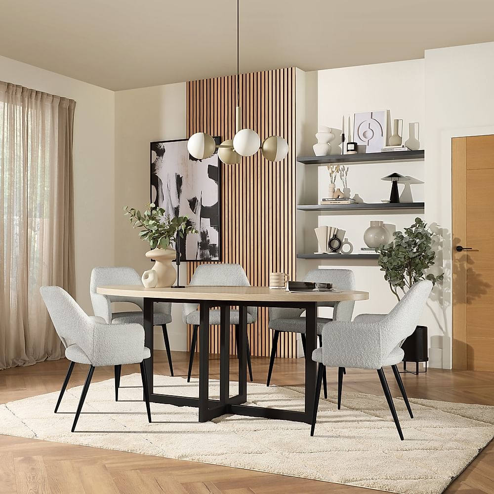 Newbury Oval Dining Table & 4 Clara Chairs, Light Oak Effect & Black Steel, Light Grey Classic Boucle Fabric, 180cm