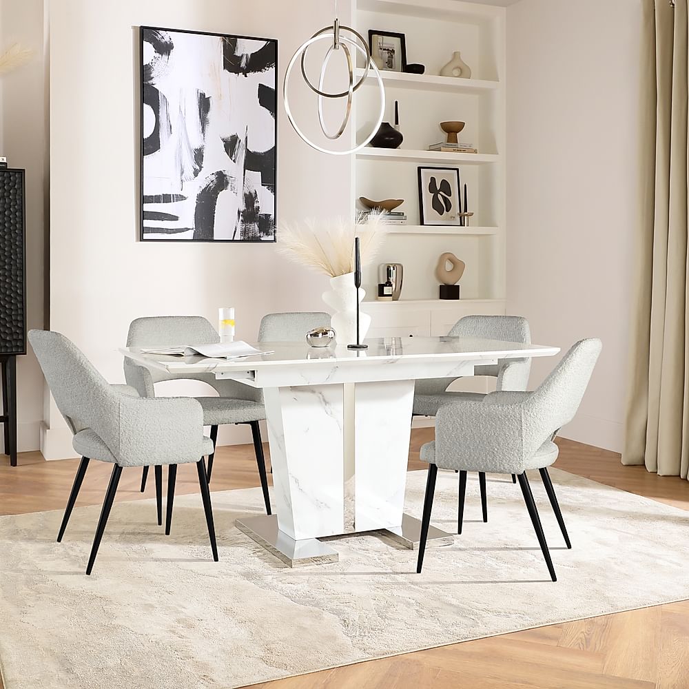 Vienna Extending Dining Table & 6 Clara Chairs, White Marble Effect, Light Grey Classic Boucle Fabric & Black Steel, 120-160cm