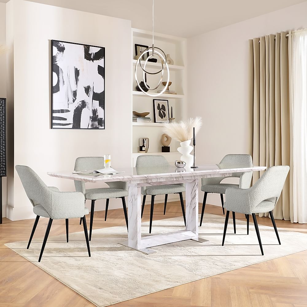 Tokyo Extending Dining Table & 6 Clara Chairs, Grey Marble Effect, Light Grey Classic Boucle Fabric & Black Steel, 160-220cm