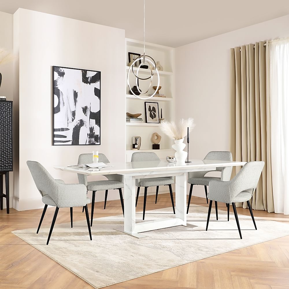 Tokyo Extending Dining Table & 4 Clara Chairs, White Marble Effect, Light Grey Classic Boucle Fabric & Black Steel, 160-220cm