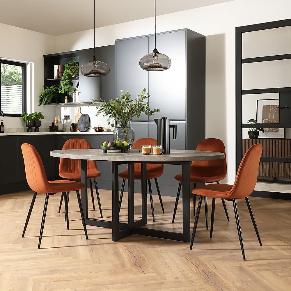 Newbury Oval Industrial Dining Table & 4 Brooklyn Chairs, Grey Concrete Effect & Black Steel, Burnt Orange Classic Velvet, 180cm