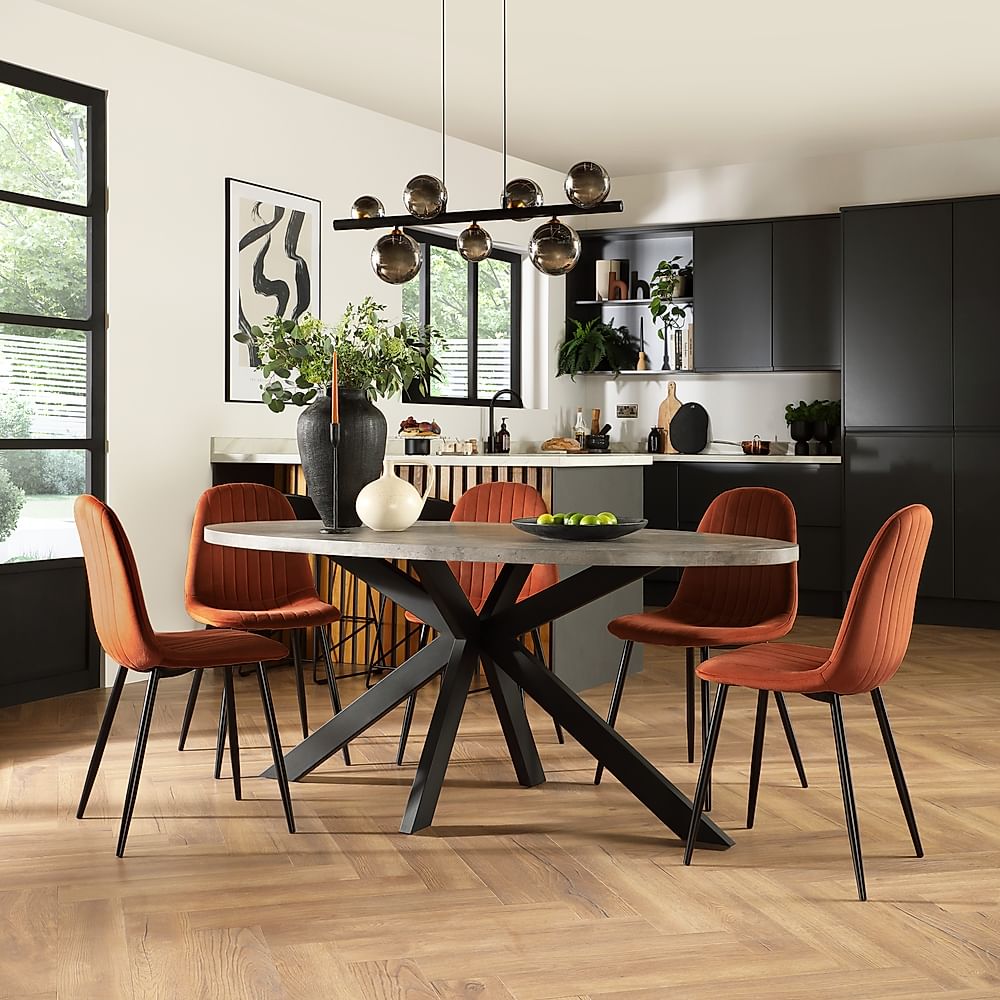 Madison Oval Industrial Dining Table & 4 Brooklyn Chairs, Grey Concrete Effect & Black Steel, Burnt Orange Classic Velvet, 180cm