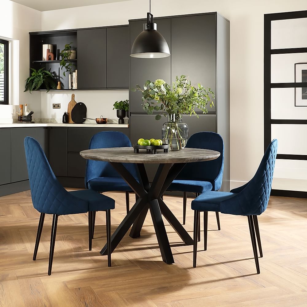 Newark Round Industrial Dining Table & 4 Ricco Chairs, Grey Concrete Effect & Black Steel, Blue Classic Velvet, 110cm