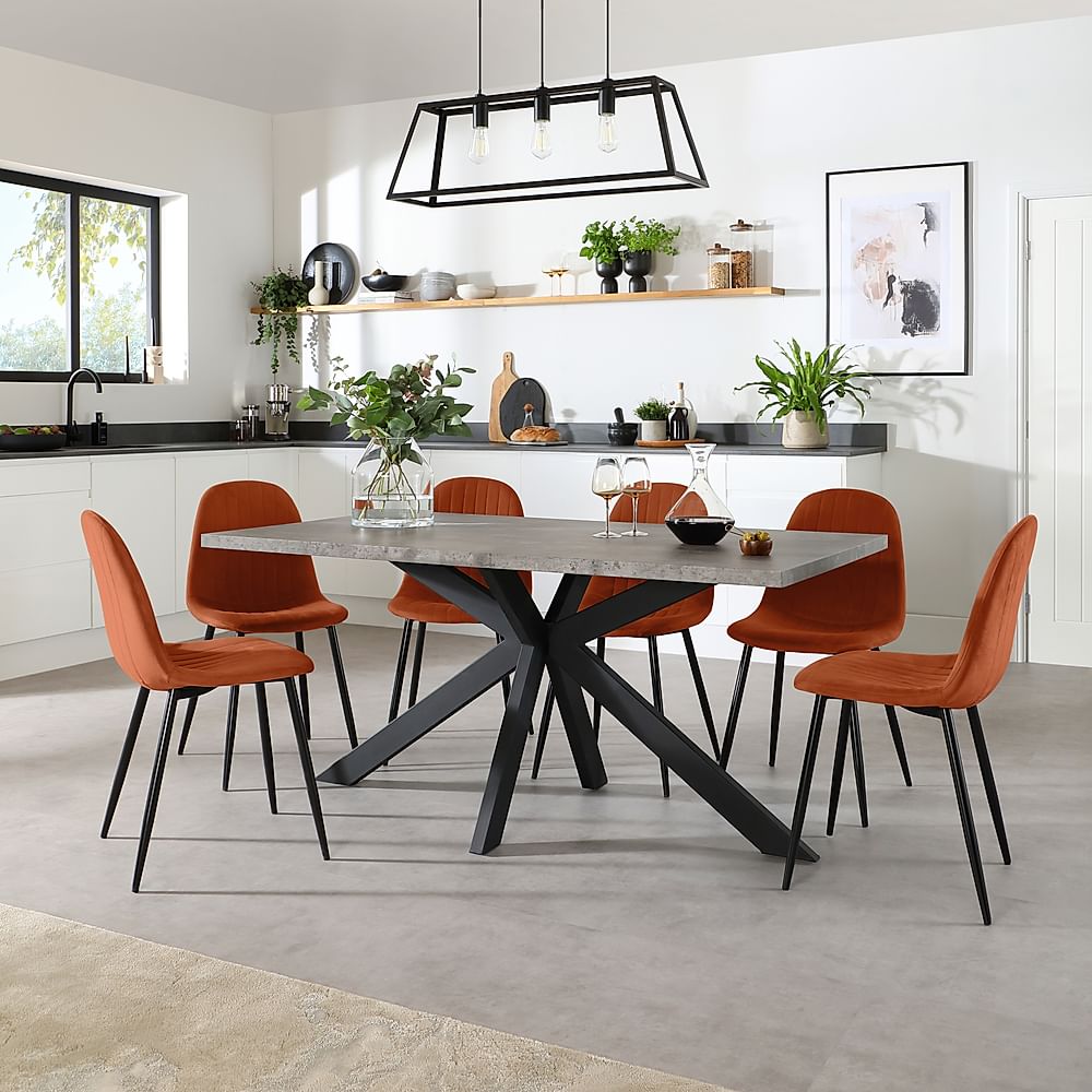 Madison Industrial Dining Table & 6 Brooklyn Chairs, Grey Concrete Effect & Black Steel, Burnt Orange Classic Velvet, 160cm