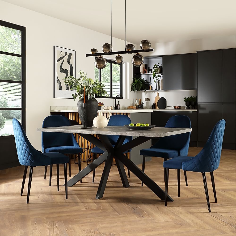 Madison Industrial Dining Table & 6 Ricco Chairs, Grey Concrete Effect & Black Steel, Blue Classic Velvet, 160cm