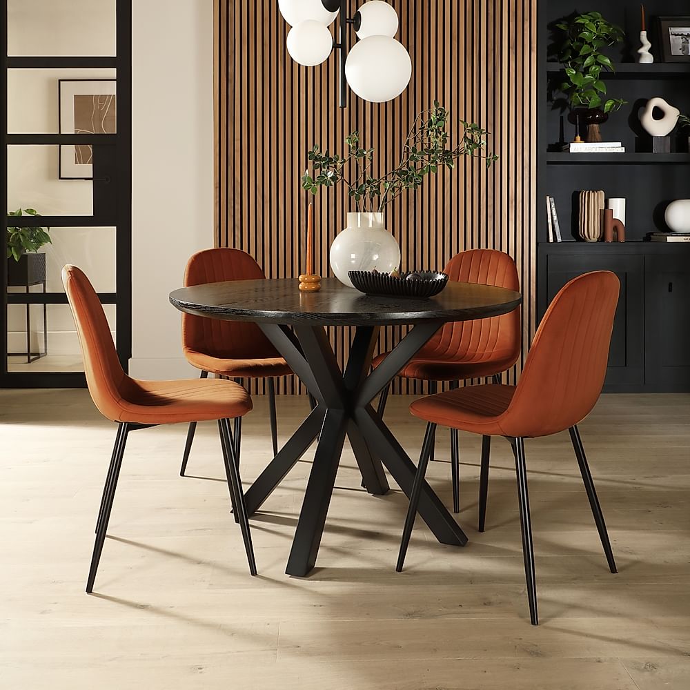 Newark Round Dining Table & 4 Brooklyn Chairs, Black Oak Effect & Black Steel, Burnt Orange Classic Velvet, 110cm