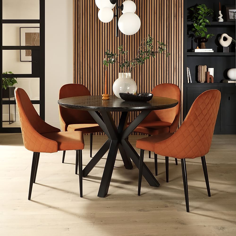 Newark Round Dining Table & 4 Ricco Chairs, Black Oak Effect & Black Steel, Burnt Orange Classic Velvet, 110cm