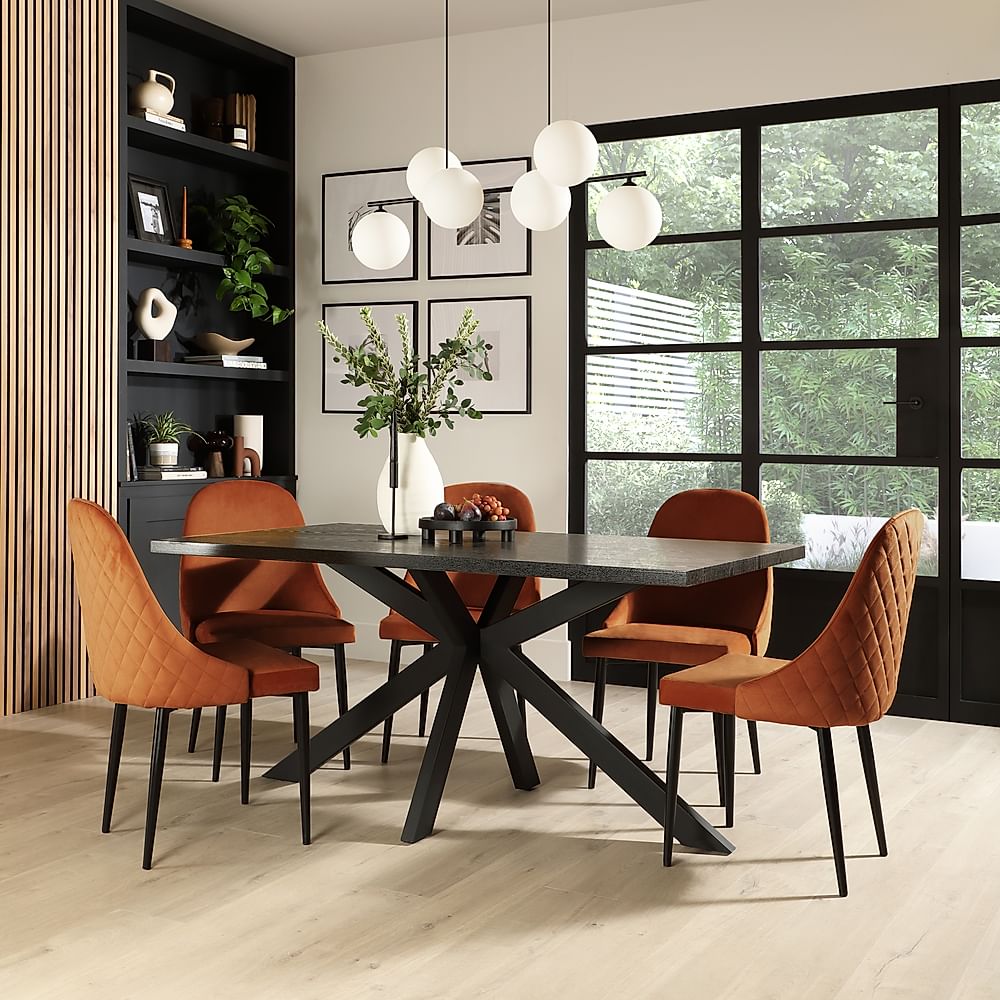 Madison Dining Table & 6 Ricco Chairs, Black Oak Effect & Black Steel, Burnt Orange Classic Velvet, 160cm