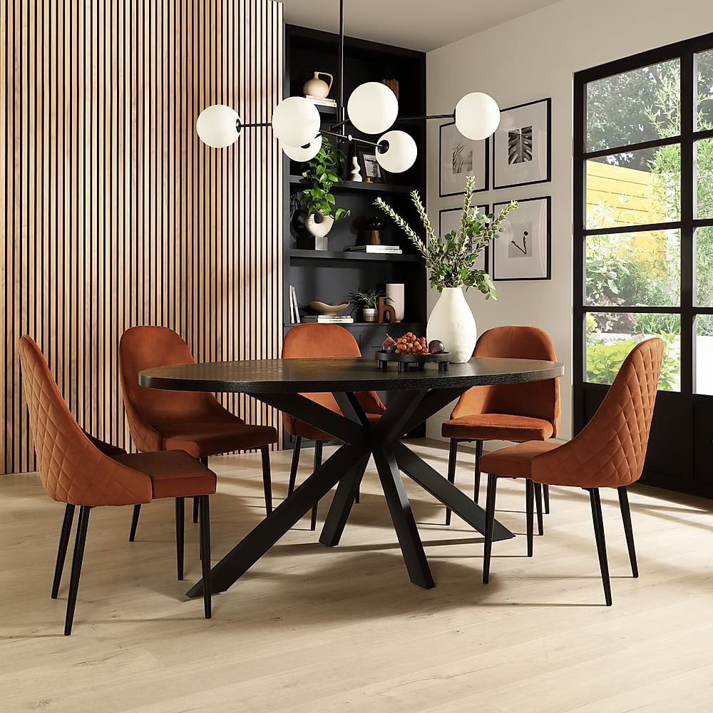 Madison Oval Dining Table & 4 Ricco Chairs, Black Oak Effect & Black Steel, Burnt Orange Classic Velvet, 160cm