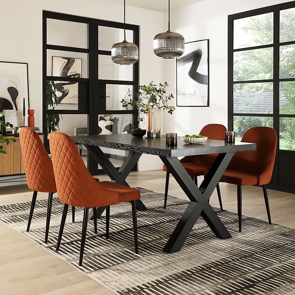 Franklin Dining Table & 4 Ricco Chairs, Black Oak Effect & Black Steel, Burnt Orange Classic Velvet, 150cm