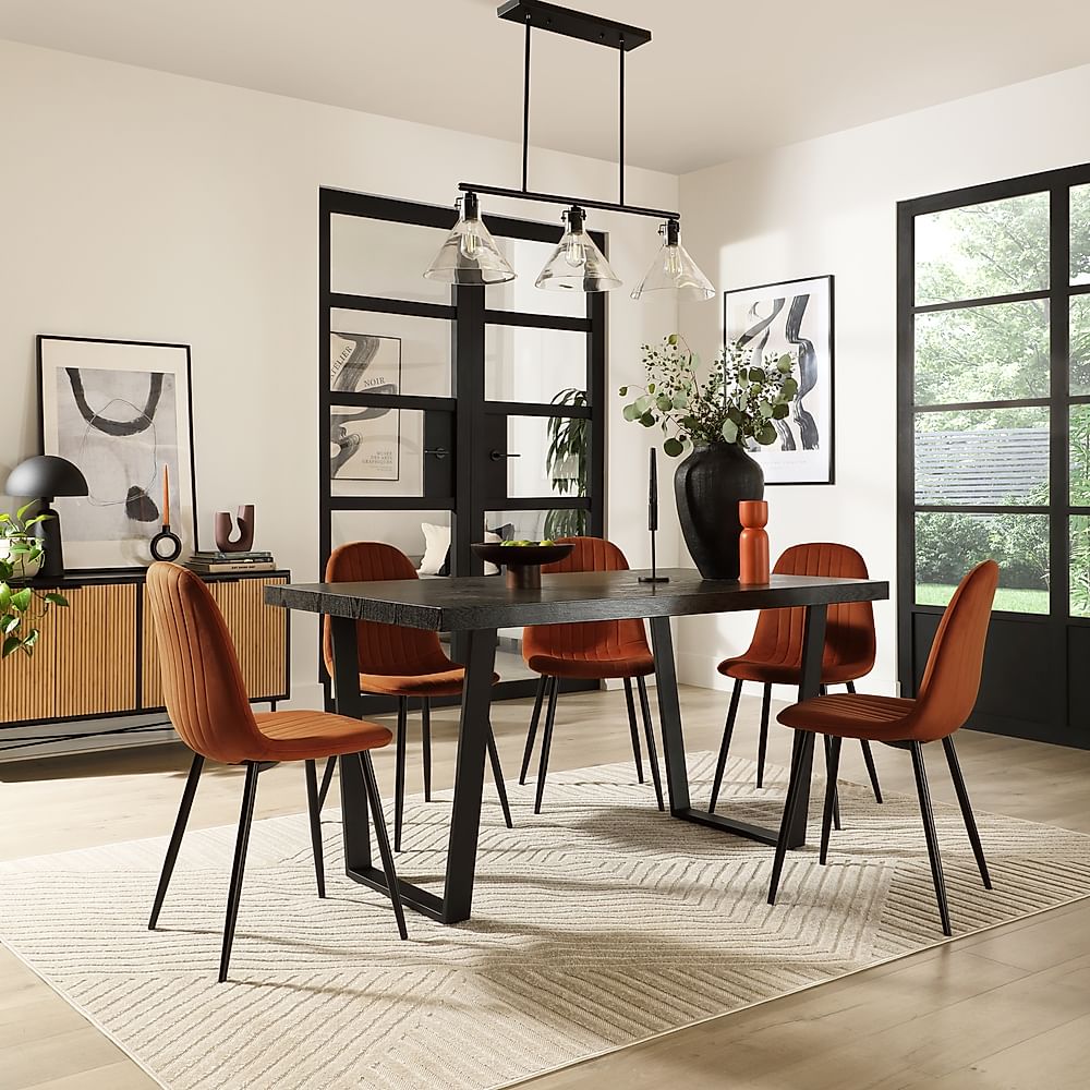 Addison Dining Table & 6 Brooklyn Chairs, Black Oak Effect & Black Steel, Burnt Orange Classic Velvet, 150cm