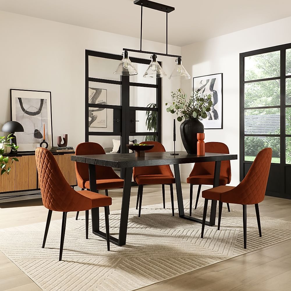 Addison Dining Table & 6 Ricco Chairs, Black Oak Effect & Black Steel, Burnt Orange Classic Velvet, 150cm