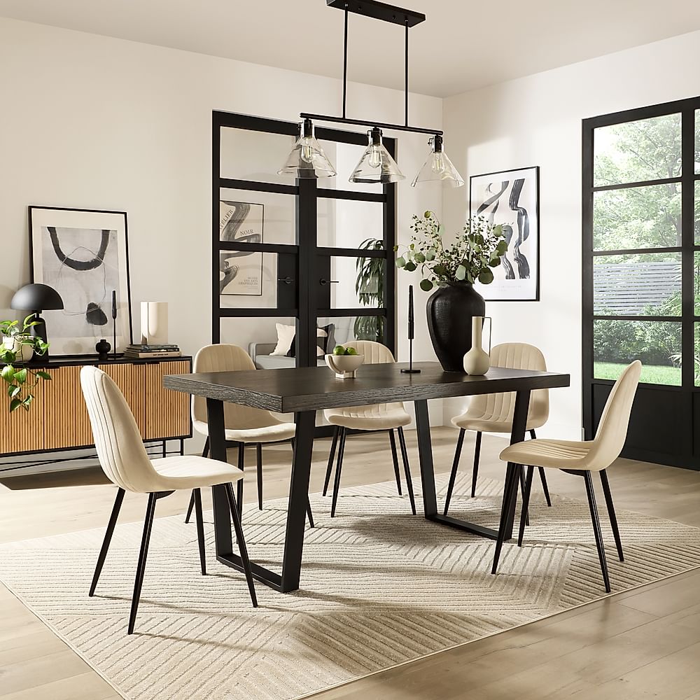 Addison Industrial Dining Table & 6 Brooklyn Chairs, Grey Oak Veneer & Black Steel, Champagne Classic Velvet, 150cm