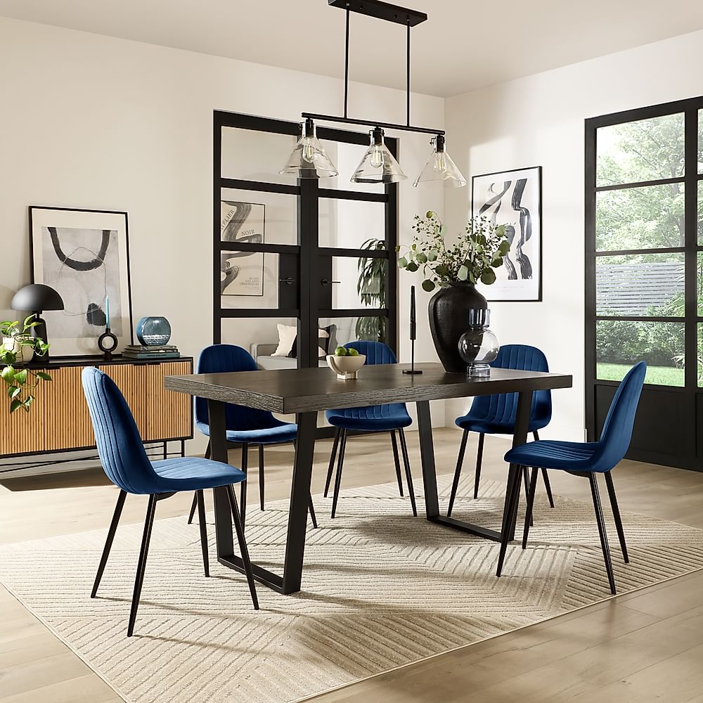 Addison Industrial Dining Table & 6 Brooklyn Chairs, Grey Oak Veneer & Black Steel, Blue Classic Velvet, 150cm