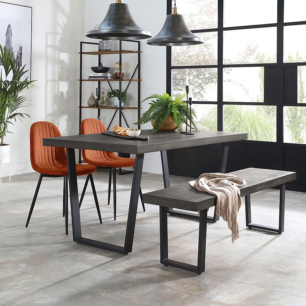 Addison Industrial Dining Table, Bench & 2 Brooklyn Chairs, Grey Oak Veneer & Black Steel, Burnt Orange Classic Velvet, 150cm
