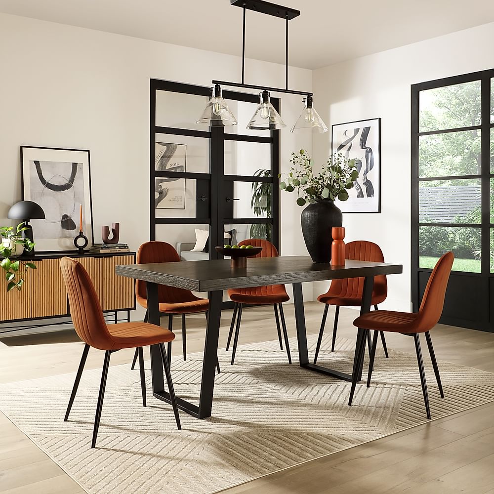 Addison Industrial Dining Table & 4 Brooklyn Chairs, Grey Oak Veneer & Black Steel, Burnt Orange Classic Velvet, 150cm