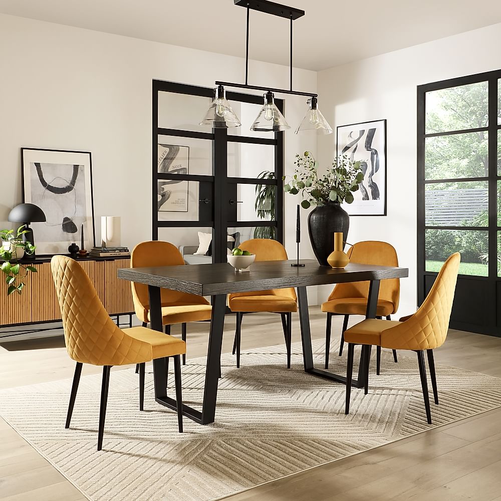 Addison Industrial Dining Table & 4 Ricco Chairs, Grey Oak Veneer & Black Steel, Mustard Classic Velvet, 150cm