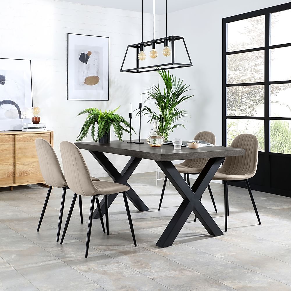 Franklin Industrial Dining Table & 4 Brooklyn Chairs, Grey Oak Veneer & Black Steel, Champagne Classic Velvet, 150cm