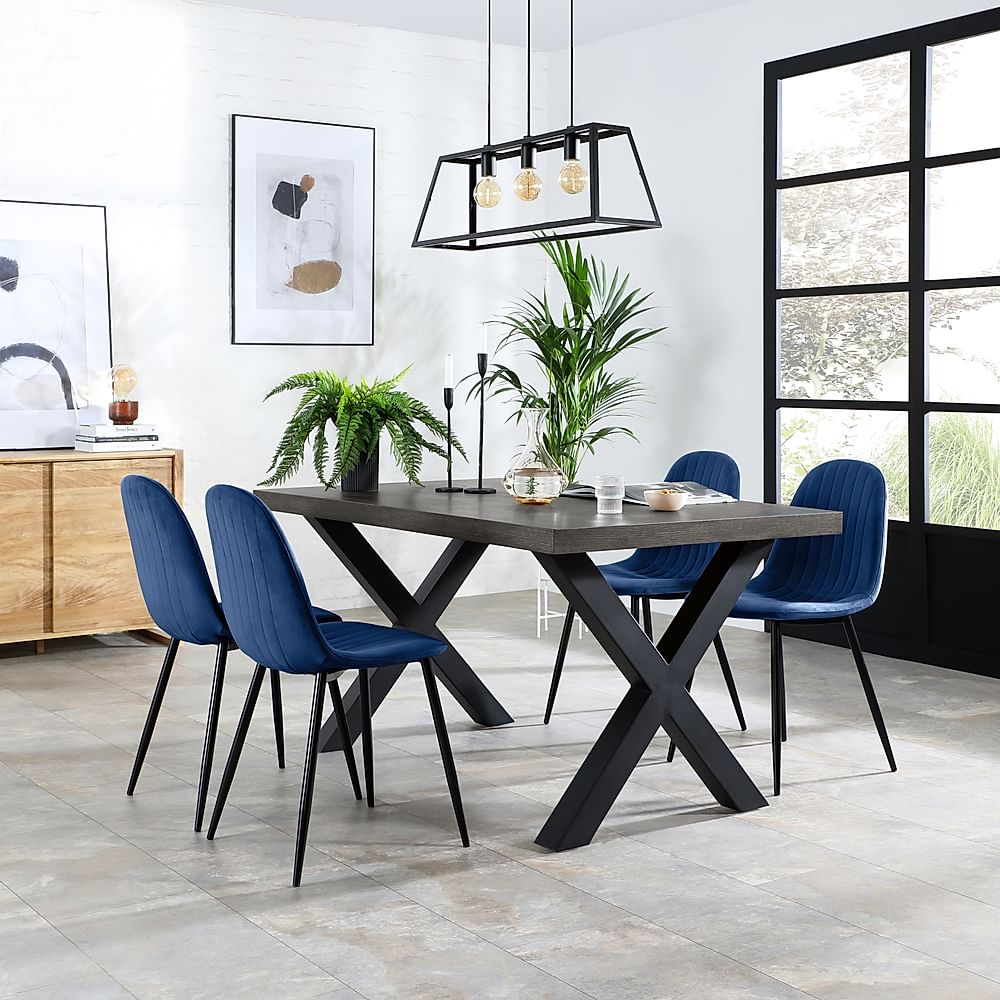 Franklin Industrial Dining Table & 4 Brooklyn Chairs, Grey Oak Veneer & Black Steel, Blue Classic Velvet, 150cm