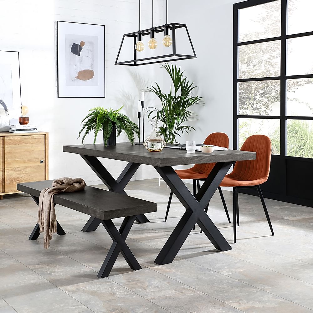 Franklin Industrial Dining Table, Bench & 2 Brooklyn Chairs, Grey Oak Veneer & Black Steel, Burnt Orange Classic Velvet, 150cm