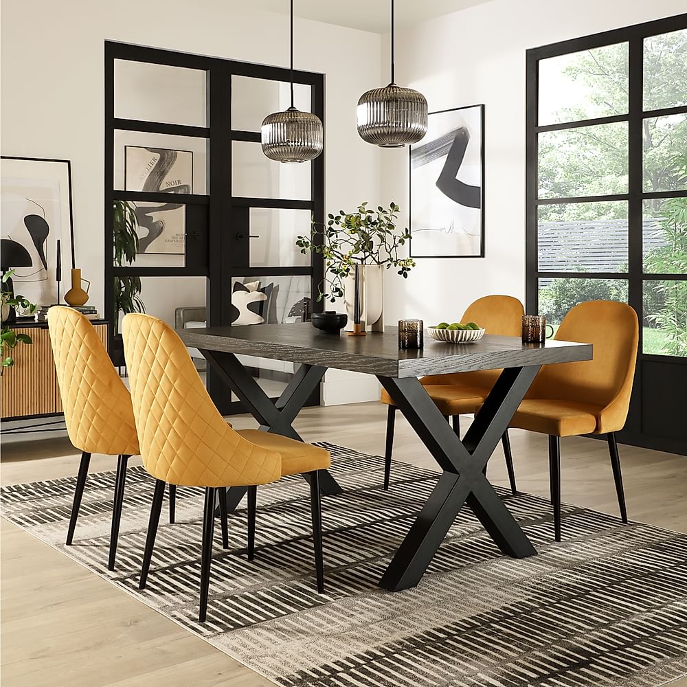 Franklin Industrial Dining Table & 4 Ricco Chairs, Grey Oak Veneer & Black Steel, Mustard Classic Velvet, 150cm
