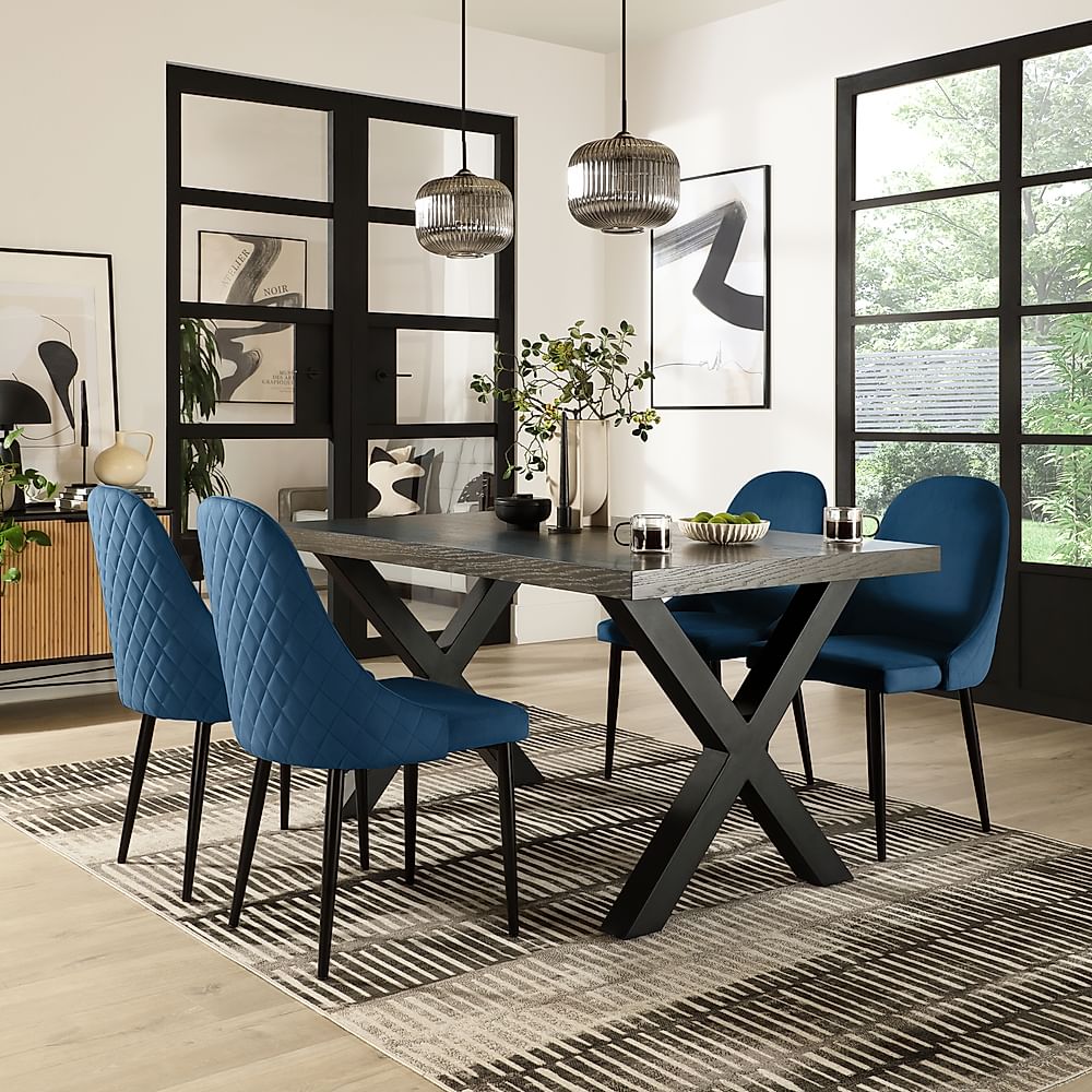 Franklin Industrial Dining Table & 4 Ricco Chairs, Grey Oak Veneer & Black Steel, Blue Classic Velvet, 150cm