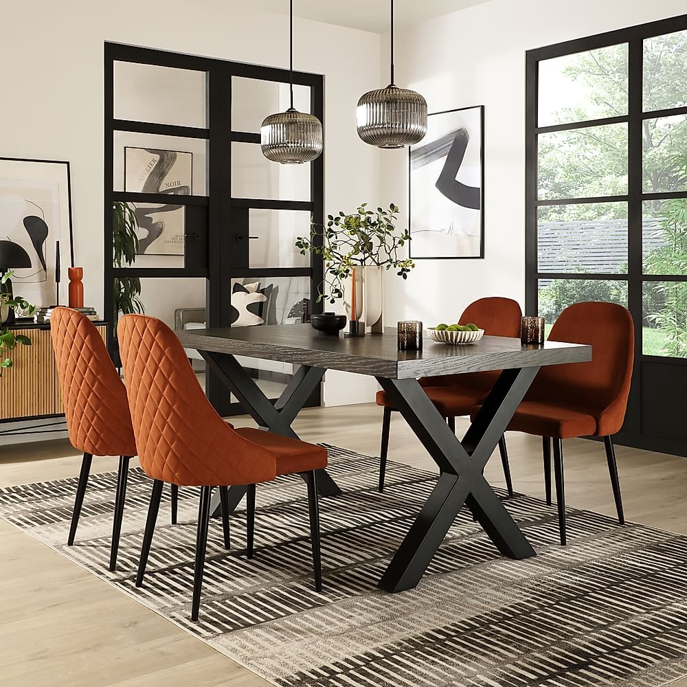 Franklin Industrial Dining Table & 4 Ricco Chairs, Grey Oak Veneer & Black Steel, Burnt Orange Classic Velvet, 150cm