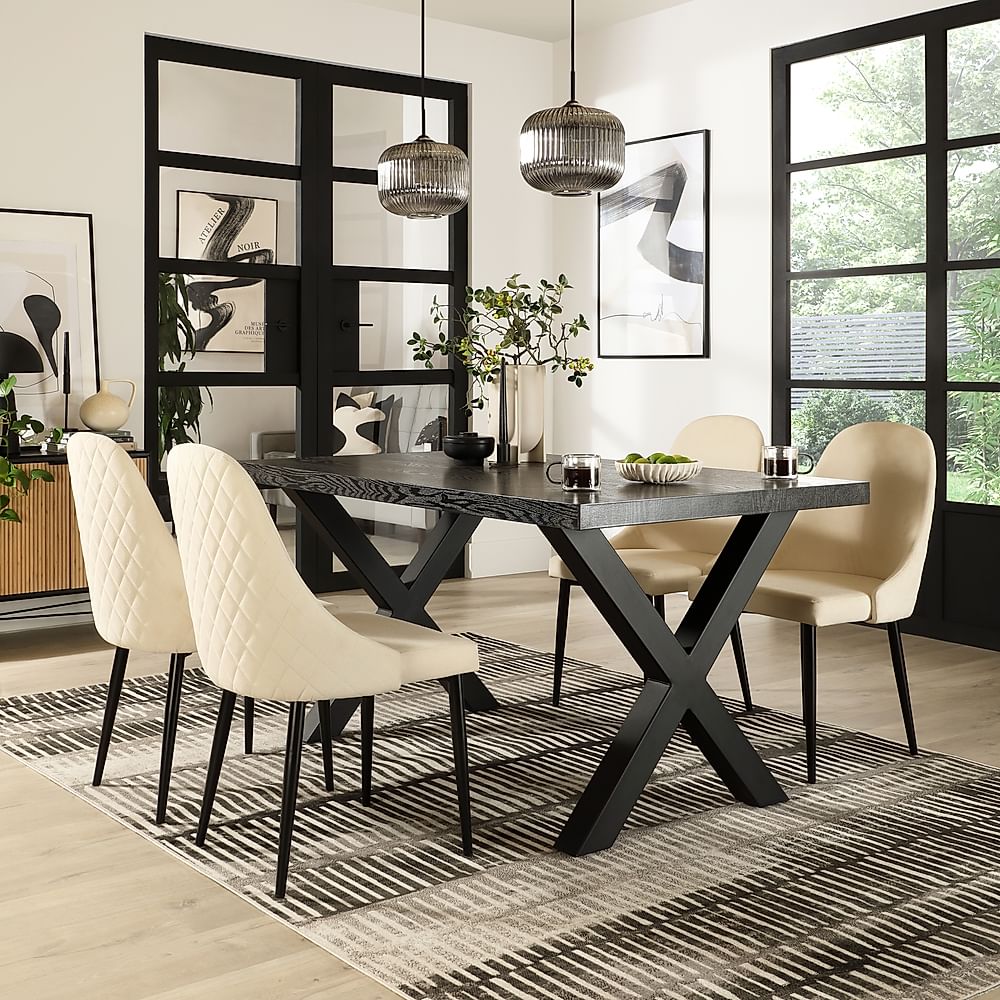 Franklin Dining Table & 4 Ricco Chairs, Black Oak Effect & Black Steel, Ivory Classic Plush Fabric, 150cm