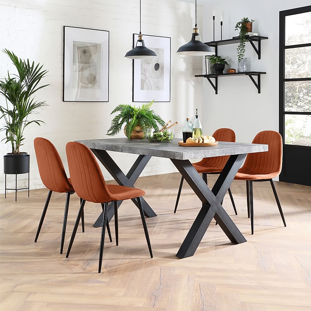 Franklin Industrial Dining Table & 4 Brooklyn Chairs, Grey Concrete Effect & Black Steel, Burnt Orange Classic Velvet, 150cm