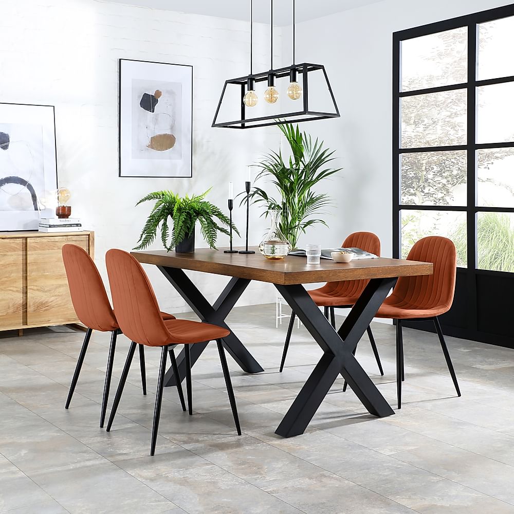 Franklin Industrial Dining Table & 4 Brooklyn Chairs, Dark Oak Veneer & Black Steel, Burnt Orange Classic Velvet, 150cm