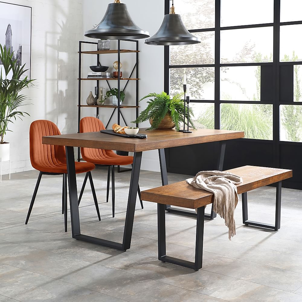 Addison Industrial Dining Table, Bench & 2 Brooklyn Chairs, Dark Oak Veneer & Black Steel, Burnt Orange Classic Velvet, 150cm