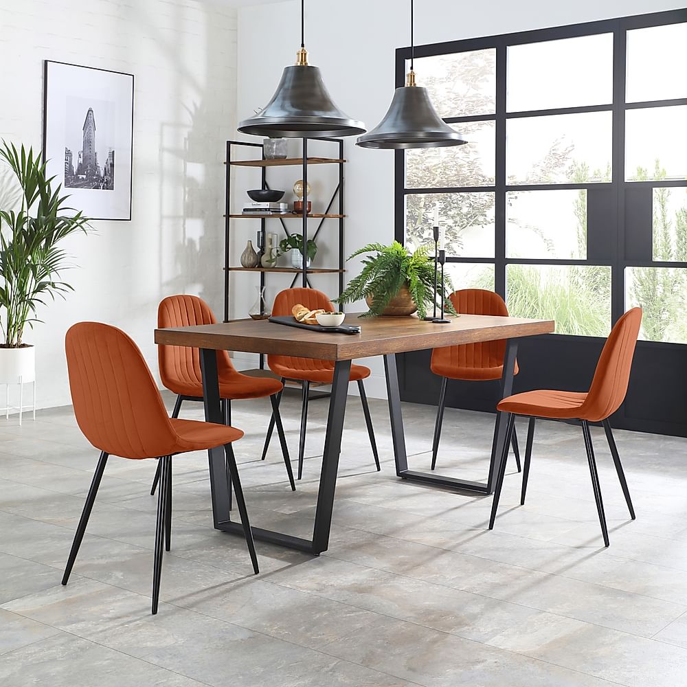 Addison Industrial Dining Table & 4 Brooklyn Chairs, Dark Oak Veneer & Black Steel, Burnt Orange Classic Velvet, 150cm