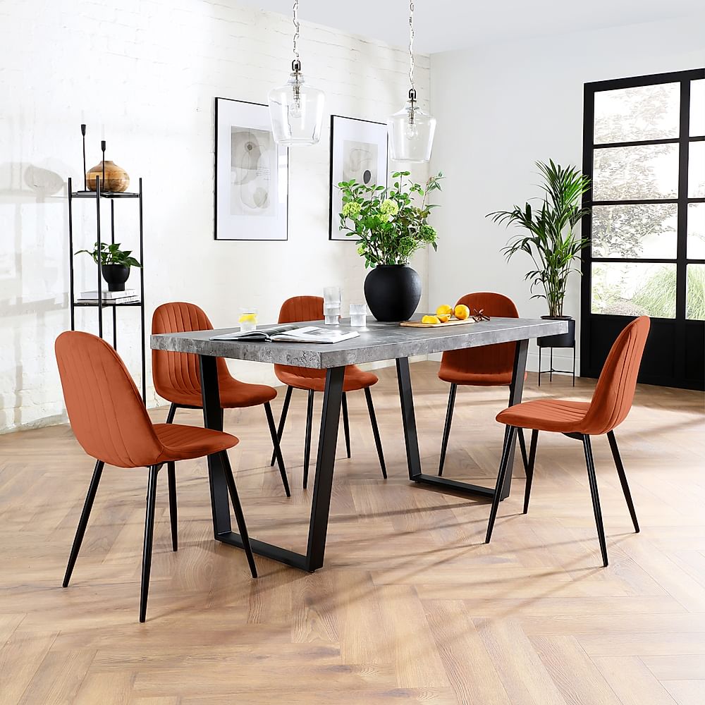 Addison Industrial Dining Table & 6 Brooklyn Chairs, Grey Concrete Effect & Black Steel, Burnt Orange Classic Velvet, 150cm